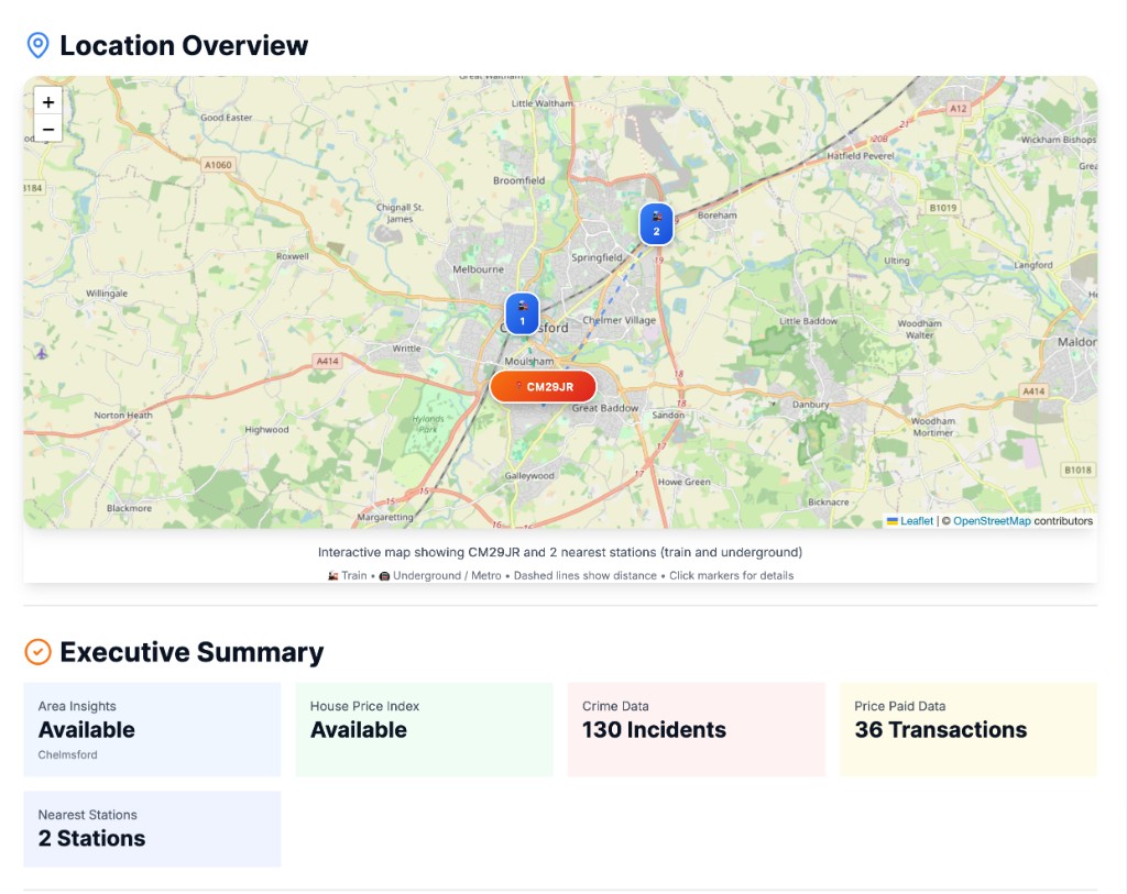 Location overview map with nearest stations and executive summary cards for a UK postcode